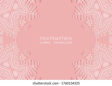 Invitation or Card template with lacе frame border, doodle line pattern, mandala element. Decorative openwork filigree art background for Wedding, Valentine's day greeting card, Birthday Invitation