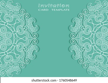 Plantilla de invitación o tarjeta con borde de marco е lacado, patrón de línea de doodle, elemento mandala. Fondo decorativo de arte de fibra de trabajo abierto para boda, tarjeta de saludo de San Valentín, invitación de cumpleaños