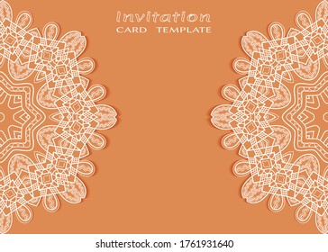 Invitation or Card template with lacе frame border, doodle line pattern, mandala element. Decorative openwork filigree art background for Wedding, Valentine's day greeting card, Birthday Invitation