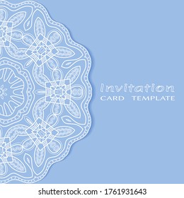 Invitation or Card template with lacе frame border, doodle line pattern, mandala element. Decorative openwork filigree art background for Wedding, Valentine's day greeting card, Birthday Invitation