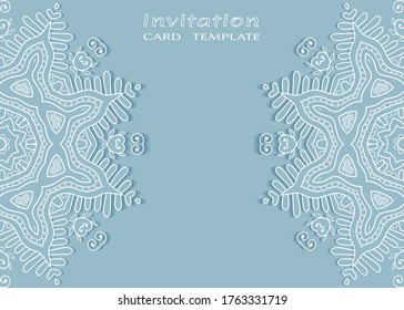 Plantilla de invitación o tarjeta con borde de marco е lacado, patrón de línea de doodle, elemento mandala. Fondo decorativo de arte de fibra de trabajo abierto para boda, tarjeta de saludo de San Valentín, invitación de cumpleaños