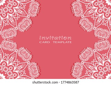 Invitation or Card template with lacе frame border, doodle line pattern, mandala element. Decorative openwork filigree art background for Wedding, Valentine's day greeting card, Birthday Invitation