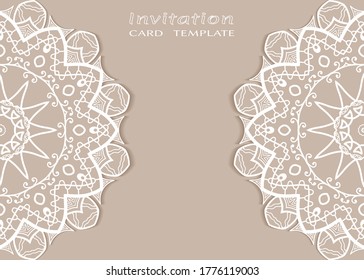 Invitation or Card template with lacе frame border, doodle line pattern, mandala element. Decorative openwork filigree art background for Wedding, Valentine's day greeting card, Birthday Invitation