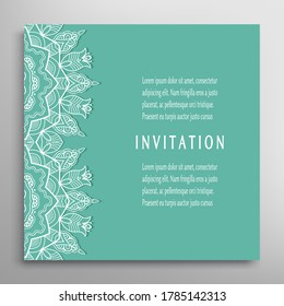 Invitation or Card template with lacе frame border, doodle line pattern, mandala element. Decorative openwork filigree art background for Wedding, Valentine's day greeting card, Birthday Invitation