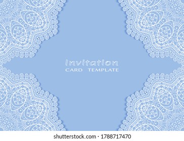 Invitation or Card template with lacе frame border, doodle line pattern, mandala element. Decorative openwork filigree art background for Wedding, Valentine's day greeting card, Birthday Invitation