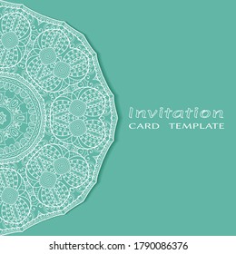 Invitation or Card template with lacе frame border, doodle line pattern, mandala element. Decorative openwork filigree art background for Wedding, Valentine's day greeting card, Birthday Invitation
