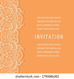 Invitation or Card template with lacе frame border, doodle line pattern, mandala element. Decorative openwork filigree art background for Wedding, Valentine's day greeting card, Birthday Invitation