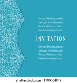 Invitation or Card template with lacе frame border, doodle line pattern, mandala element. Decorative openwork filigree art background for Wedding, Valentine's day greeting card, Birthday Invitation