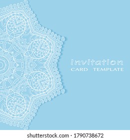 Invitation or Card template with lacе frame border, doodle line pattern, mandala element. Decorative openwork filigree art background for Wedding, Valentine's day greeting card, Birthday Invitation