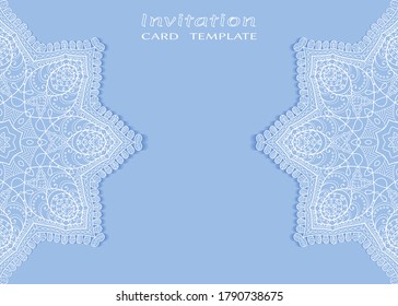 Plantilla de invitación o tarjeta con borde de marco е lacado, patrón de línea de doodle, elemento mandala. Fondo decorativo de arte de fibra de trabajo abierto para boda, tarjeta de saludo de San Valentín, invitación de cumpleaños