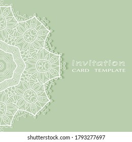 Invitation or Card template with lacе frame border, doodle line pattern, mandala element. Decorative openwork filigree art background for Wedding, Valentine's day greeting card, Birthday Invitation
