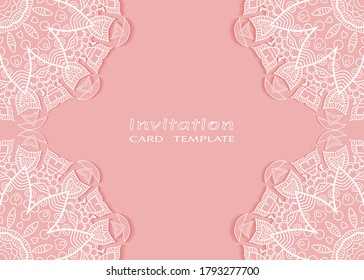 Invitation or Card template with lacе frame border, doodle line pattern, mandala element. Decorative openwork filigree art background for Wedding, Valentine's day greeting card, Birthday Invitation