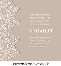 Plantilla de invitación o tarjeta con borde de marco е lacado, patrón de línea de doodle, elemento mandala. Fondo decorativo de arte de fibra de trabajo abierto para boda, tarjeta de saludo de San Valentín, invitación de cumpleaños