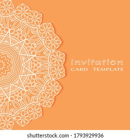 Invitation or Card template with lacе frame border, doodle line pattern, mandala element. Decorative openwork filigree art background for Wedding, Valentine's day greeting card, Birthday Invitation