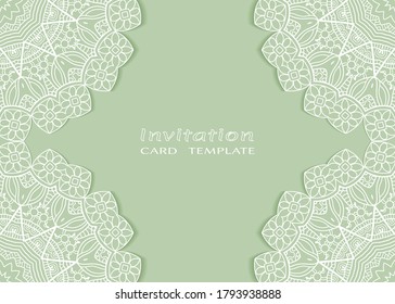 Invitation or Card template with lacе frame border, doodle line pattern, mandala element. Decorative openwork filigree art background for Wedding, Valentine's day greeting card, Birthday Invitation