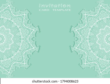 Plantilla de invitación o tarjeta con borde de marco е lacado, patrón de línea de doodle, elemento mandala. Fondo decorativo de arte de fibra de trabajo abierto para boda, tarjeta de saludo de San Valentín, invitación de cumpleaños