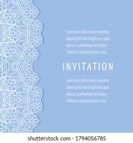 Plantilla de invitación o tarjeta con borde de marco е lacado, patrón de línea de doodle, elemento mandala. Fondo decorativo de arte de fibra de trabajo abierto para boda, tarjeta de saludo de San Valentín, invitación de cumpleaños
