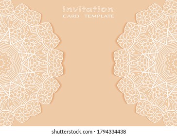Invitation or Card template with lacе frame border, doodle line pattern, mandala element. Decorative openwork filigree art background for Wedding, Valentine's day greeting card, Birthday Invitation