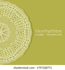 Invitation or Card template with lacе frame border, doodle line pattern, mandala element. Decorative openwork filigree art background for Wedding, Valentine's day greeting card, Birthday Invitation