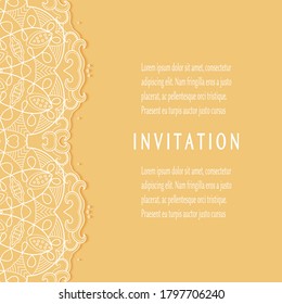 Invitation or Card template with lacе frame border, doodle line pattern, mandala element. Decorative openwork filigree art background for Wedding, Valentine's day greeting card, Birthday Invitation