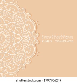 Invitation or Card template with lacе frame border, doodle line pattern, mandala element. Decorative openwork filigree art background for Wedding, Valentine's day greeting card, Birthday Invitation