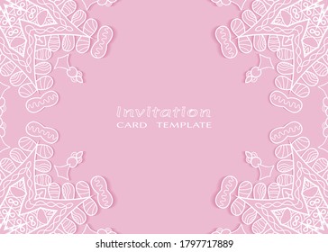 Invitation or Card template with lacе frame border, doodle line pattern, mandala element. Decorative openwork filigree art background for Wedding, Valentine's day greeting card, Birthday Invitation