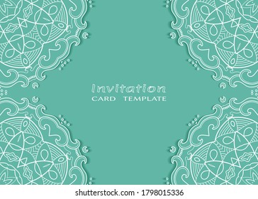 Invitation or Card template with lacе frame border, doodle line pattern, mandala element. Decorative openwork filigree art background for Wedding, Valentine's day greeting card, Birthday Invitation