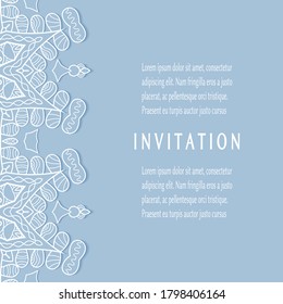 Invitation or Card template with lacе frame border, doodle line pattern, mandala element. Decorative openwork filigree art background for Wedding, Valentine's day greeting card, Birthday Invitation