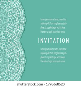 Plantilla de invitación o tarjeta con borde de marco е lacado, patrón de línea de doodle, elemento mandala. Fondo decorativo de arte de fibra de trabajo abierto para boda, tarjeta de saludo de San Valentín, invitación de cumpleaños