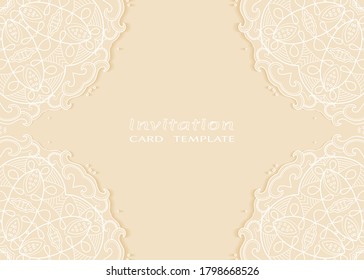 Invitation or Card template with lacе frame border, doodle line pattern, mandala element. Decorative openwork filigree art background for Wedding, Valentine's day greeting card, Birthday Invitation
