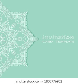 Invitation or Card template with lacе frame border, doodle line pattern, mandala element. Decorative openwork filigree art background for Wedding, Valentine's day greeting card, Birthday Invitation