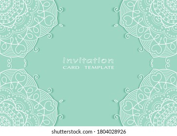 Invitation or Card template with lacе frame border, doodle line pattern, mandala element. Decorative openwork filigree art background for Wedding, Valentine's day greeting card, Birthday Invitation