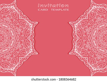 Invitation or Card template with lacе frame border, doodle line pattern, mandala element. Decorative openwork filigree art background for Wedding, Valentine's day greeting card, Birthday Invitation