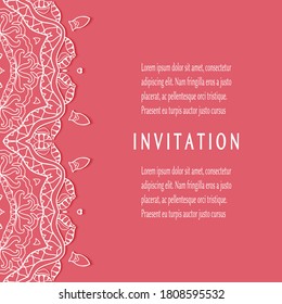 Invitation or Card template with lacе frame border, doodle line pattern, mandala element. Decorative openwork filigree art background for Wedding, Valentine's day greeting card, Birthday Invitation