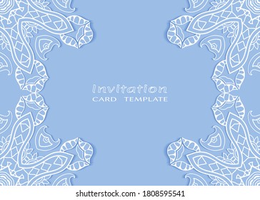 Invitation or Card template with lacе frame border, doodle line pattern, mandala element. Decorative openwork filigree art background for Wedding, Valentine's day greeting card, Birthday Invitation