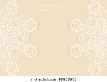 Invitation or Card template with lacе frame border, doodle line pattern, mandala element. Decorative openwork filigree art background for Wedding, Valentine's day greeting card, Birthday Invitation