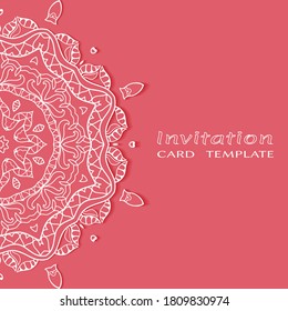Invitation or Card template with lacе frame border, doodle line pattern, mandala element. Decorative openwork filigree art background for Wedding, Valentine's day greeting card, Birthday Invitation