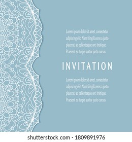 Invitation or Card template with lacе frame border, doodle line pattern, mandala element. Decorative openwork filigree art background for Wedding, Valentine's day greeting card, Birthday Invitation