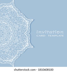 Invitation or Card template with lacе frame border, doodle line pattern, mandala element. Decorative openwork filigree art background for Wedding, Valentine's day greeting card, Birthday Invitation