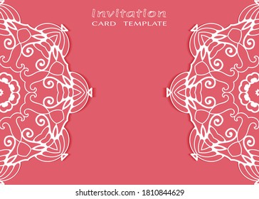 Invitation or Card template with lacе frame border, doodle line pattern, mandala element. Decorative openwork filigree art background for Wedding, Valentine's day greeting card, Birthday Invitation