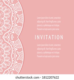 Invitation or Card template with lacе frame border, doodle line pattern, mandala element. Decorative openwork filigree art background for Wedding, Valentine's day greeting card, Birthday Invitation