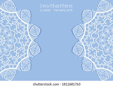 Einladung oder Kartenvorlage mit е Rahmenrahmen, doodle Linie Muster, mandala Element. Dekorative offene Arbeit figree Kunsthintergrund für Hochzeit, Valentinstag-Grußkarte, Geburtstagseinladung