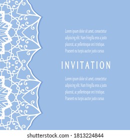 Plantilla de invitación o tarjeta con borde de marco е lacado, patrón de línea de doodle, elemento mandala. Fondo decorativo de arte de fibra de trabajo abierto para boda, tarjeta de saludo de San Valentín, invitación de cumpleaños