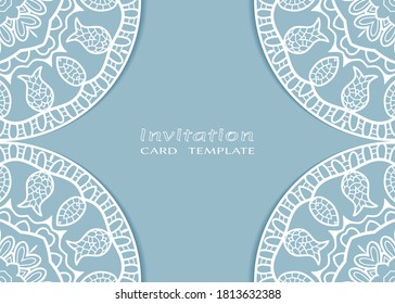 Invitation or Card template with lacе frame border, doodle line pattern, mandala element. Decorative openwork filigree art background for Wedding, Valentine's day greeting card, Birthday Invitation