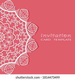 Invitation or Card template with lacе frame border, doodle line pattern, mandala element. Decorative openwork filigree art background for Wedding, Valentine's day greeting card, Birthday Invitation