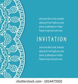 Invitation or Card template with lacе frame border, doodle line pattern, mandala element. Decorative openwork filigree art background for Wedding, Valentine's day greeting card, Birthday Invitation