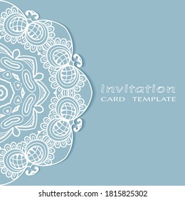 Plantilla de invitación o tarjeta con borde de marco е lacado, patrón de línea de doodle, elemento mandala. Fondo decorativo de arte de fibra de trabajo abierto para boda, tarjeta de saludo de San Valentín, invitación de cumpleaños