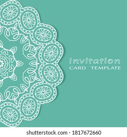 Invitation or Card template with lacе frame border, doodle line pattern, mandala element. Decorative openwork filigree art background for Wedding, Valentine's day greeting card, Birthday Invitation
