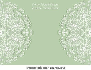 Plantilla de invitación o tarjeta con borde de marco е lacado, patrón de línea de doodle, elemento mandala. Fondo decorativo de arte de fibra de trabajo abierto para boda, tarjeta de saludo de San Valentín, invitación de cumpleaños