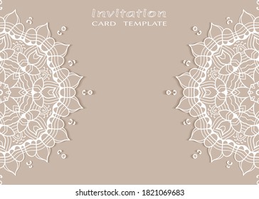 Invitation or Card template with lacе frame border, doodle line pattern, mandala element. Decorative openwork filigree art background for Wedding, Valentine's day greeting card, Birthday Invitation
